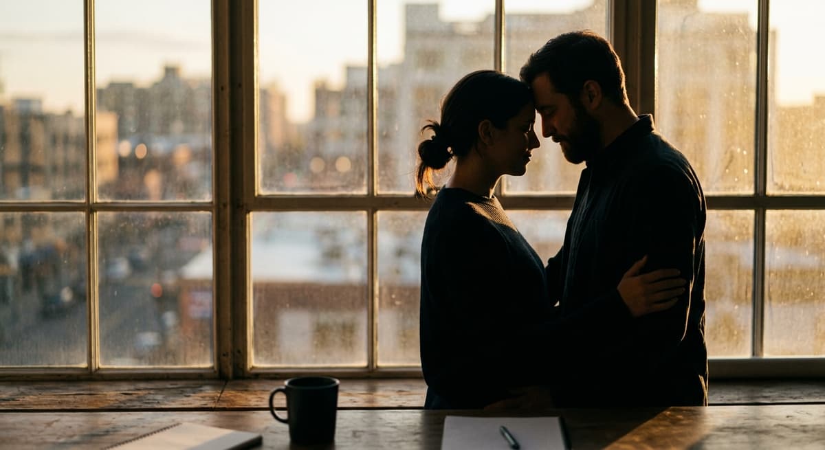 two office workers in silhouette by a window with their heads leaning together, no faces visible