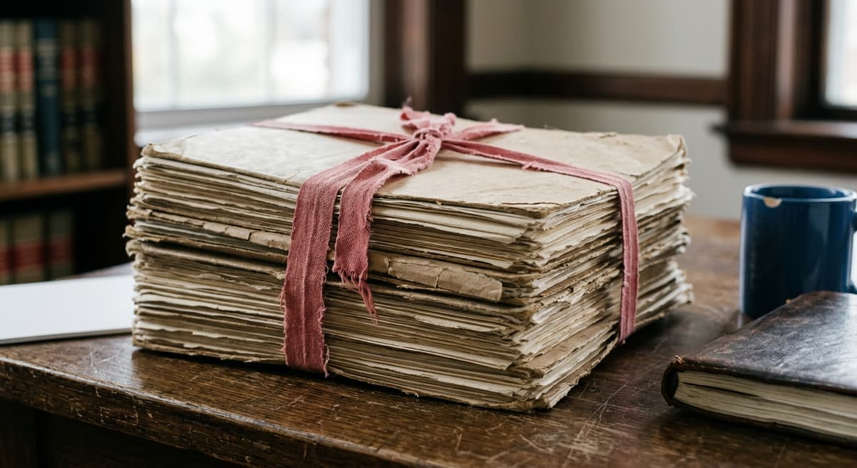a stack of legal case files tied with faded ribbon on a desk