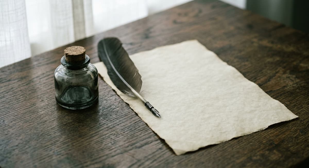 a quill and inkwell beside a blank sheet of parchment on a dark wood desk
