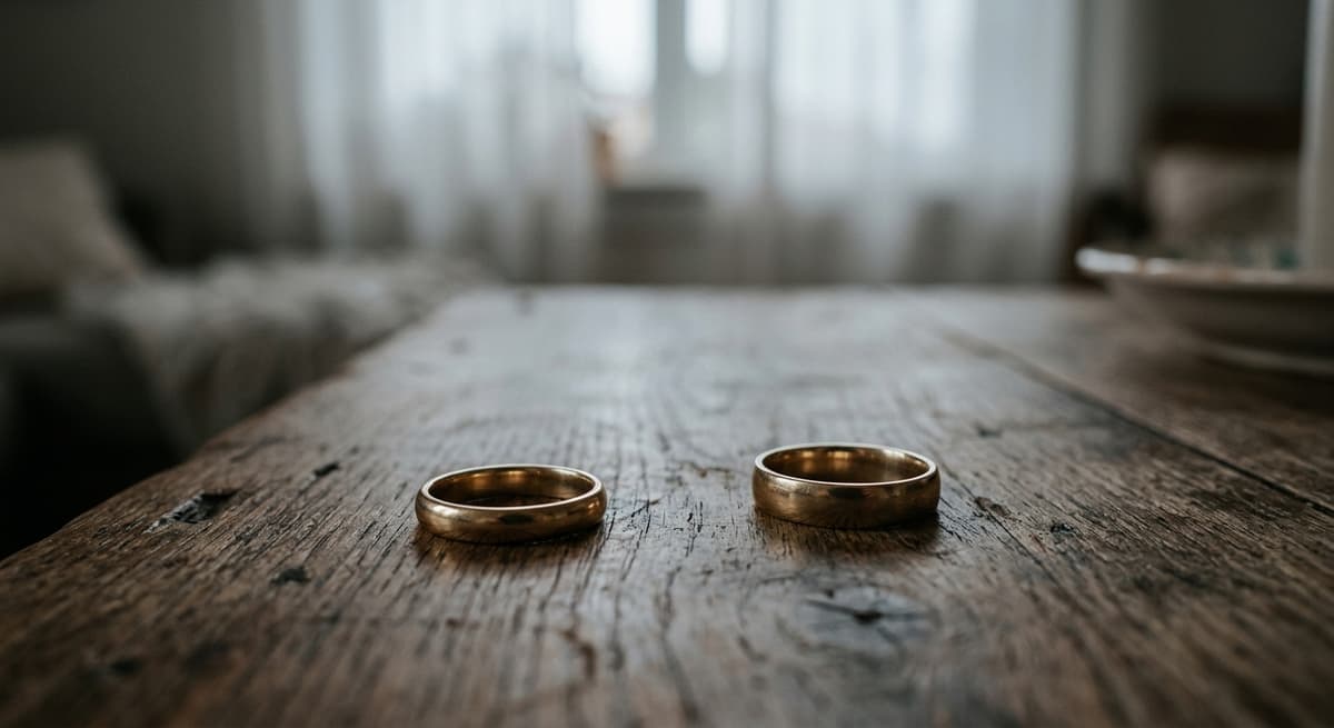 dos sencillos anillos de boda de oro descansando separados sobre una mesa de madera, sin personas