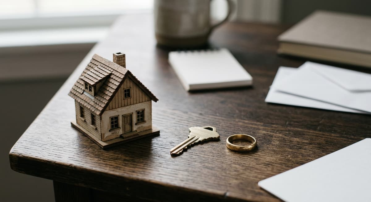 una pequena casa de modelo junto a una llave y un anillo sobre un escritorio, sin personas