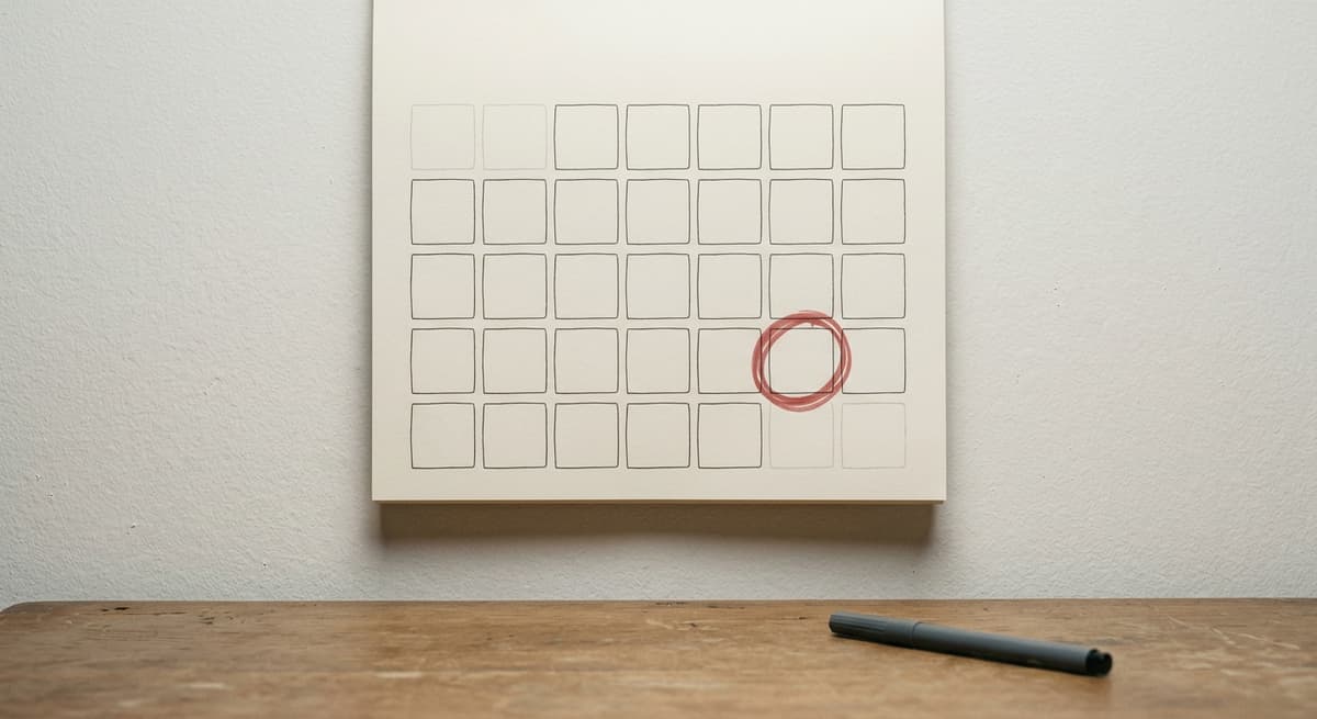 un calendario de pared con una fecha marcada en circulo con marcador rojo, sin personas