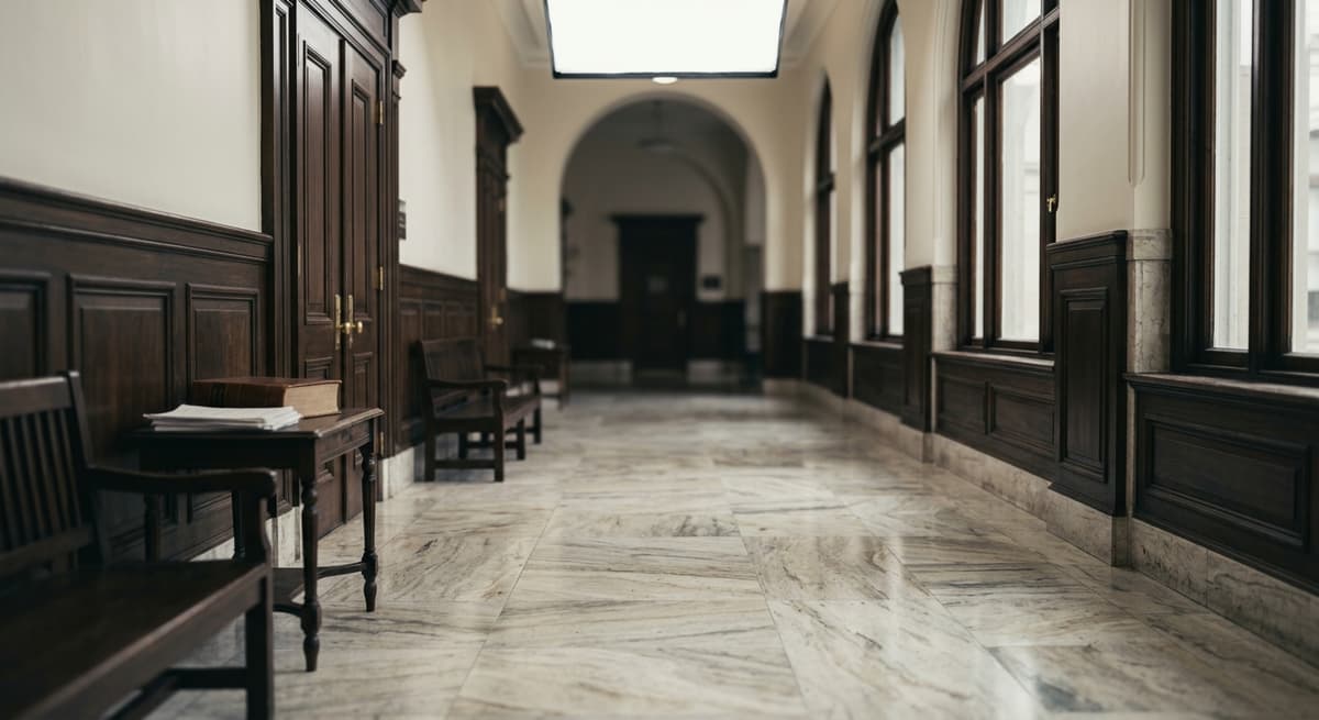 un pasillo de palacio de justicia con pisos de marmol y ventanas altas