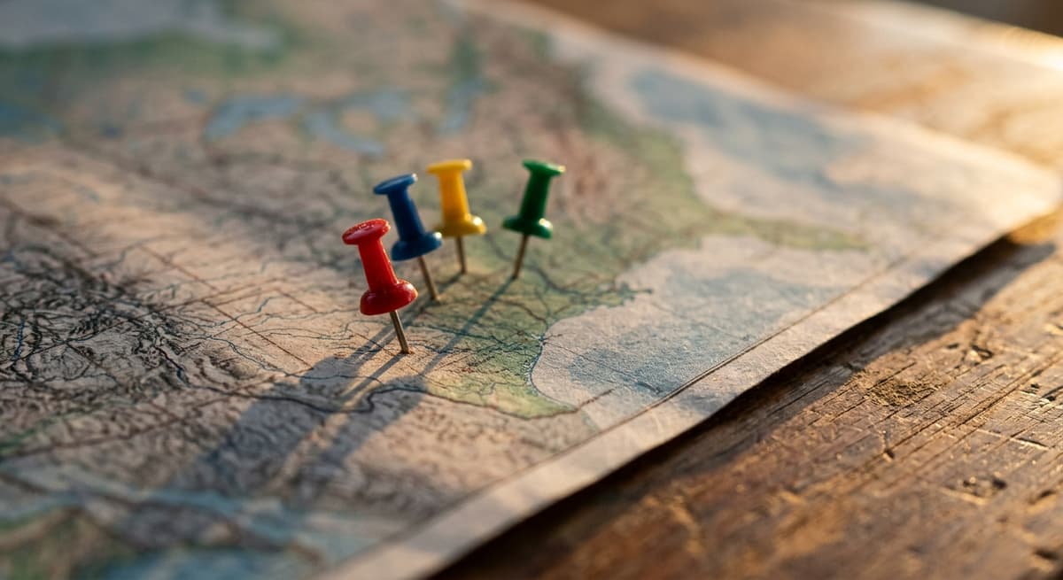 a printed map of the United States on a desk with colored pins