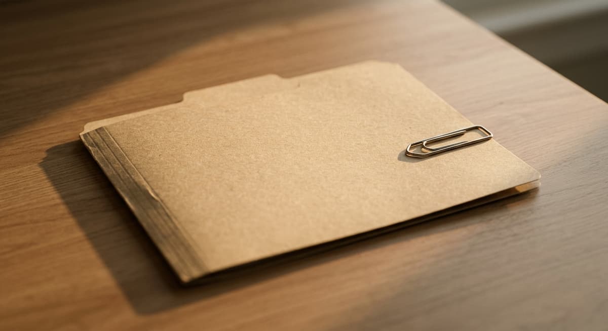 una carpeta de papel manila cerrada con un clip sobre un escritorio limpio