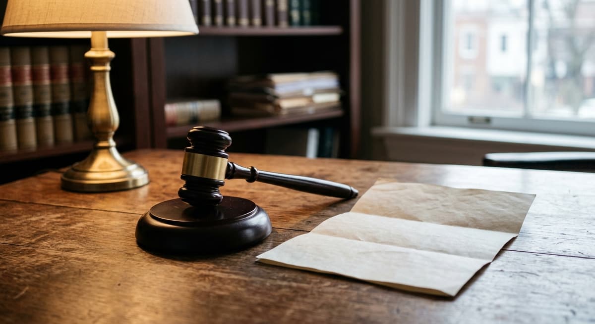 a wooden judge gavel beside a folded document on a desk, no people