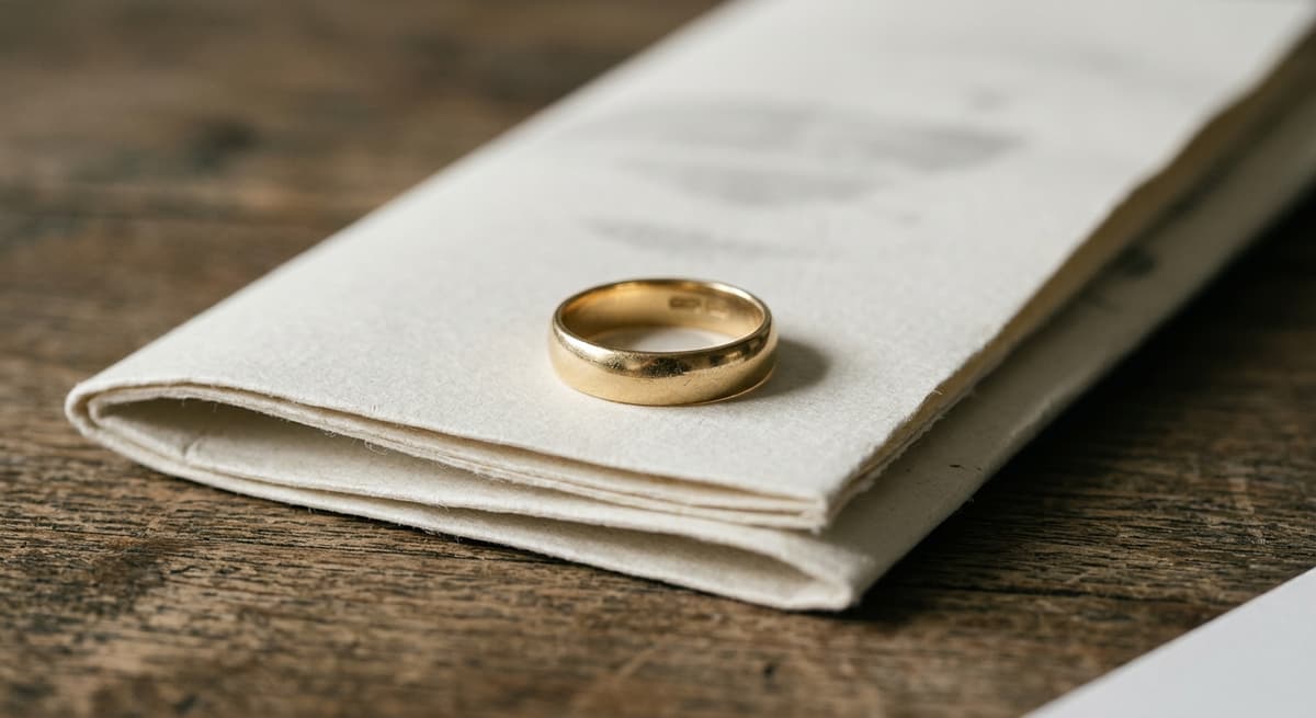 a single wedding ring resting on a folded legal document, no people