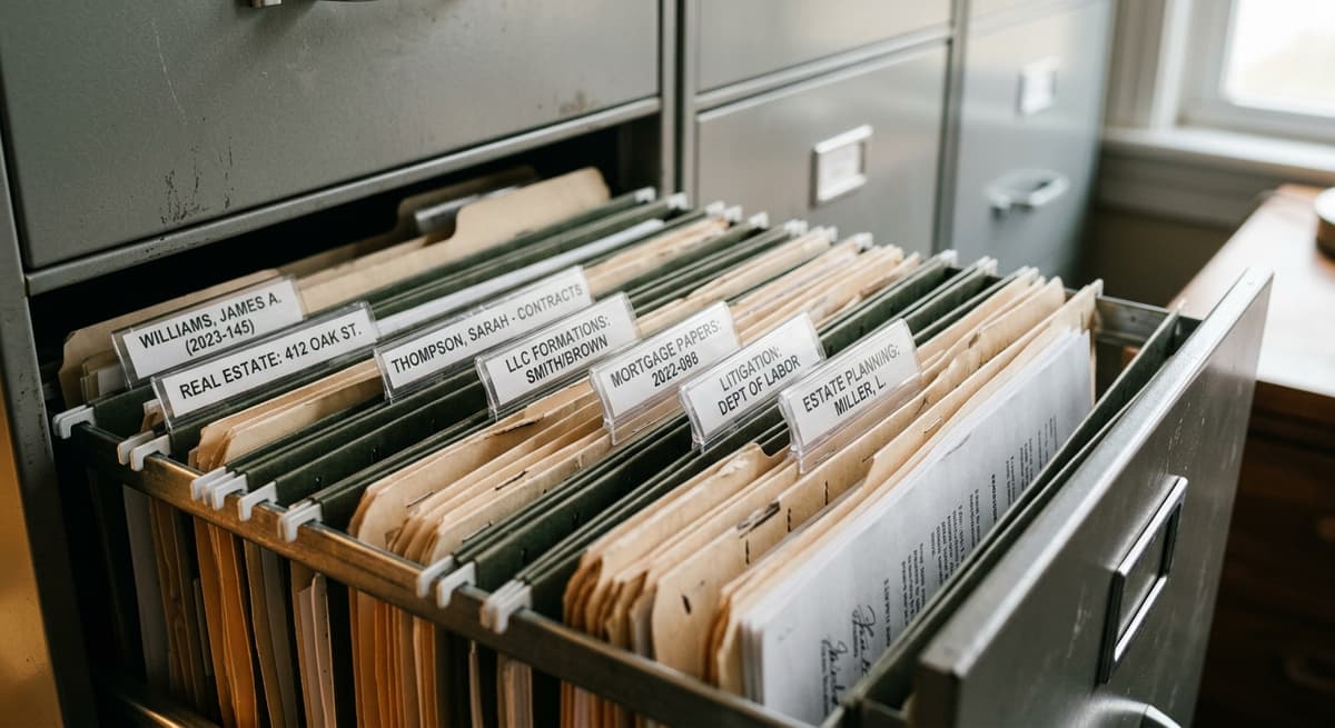 Un archivador con carpetas legales organizadas
