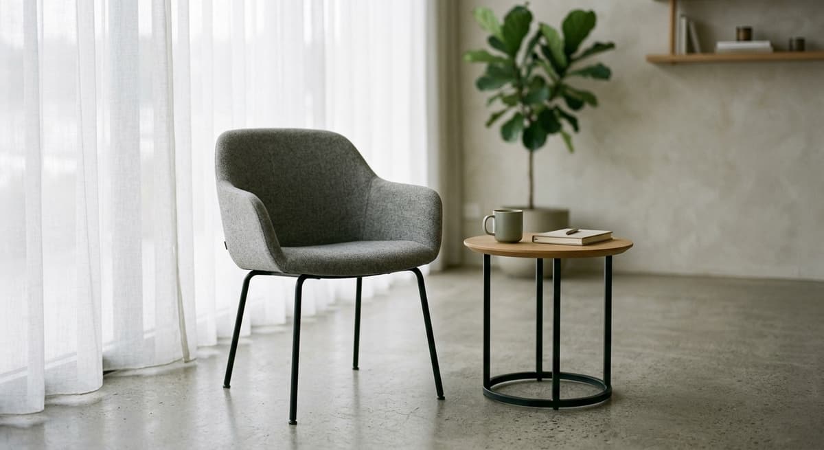Un área de recepción de oficina moderna con una silla y una mesa pequeña