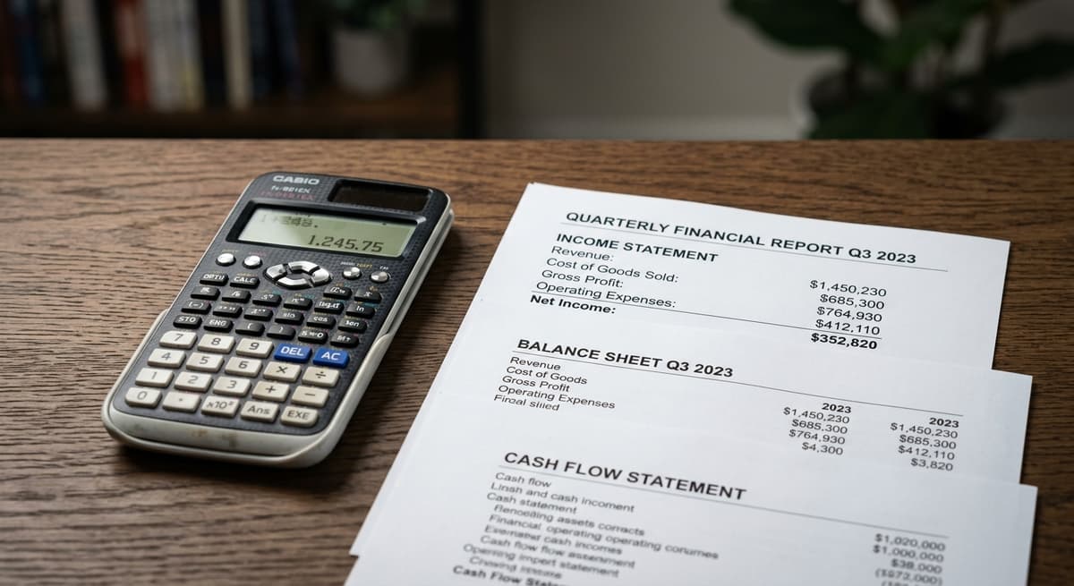 Una calculadora junto a estados financieros impresos en un escritorio