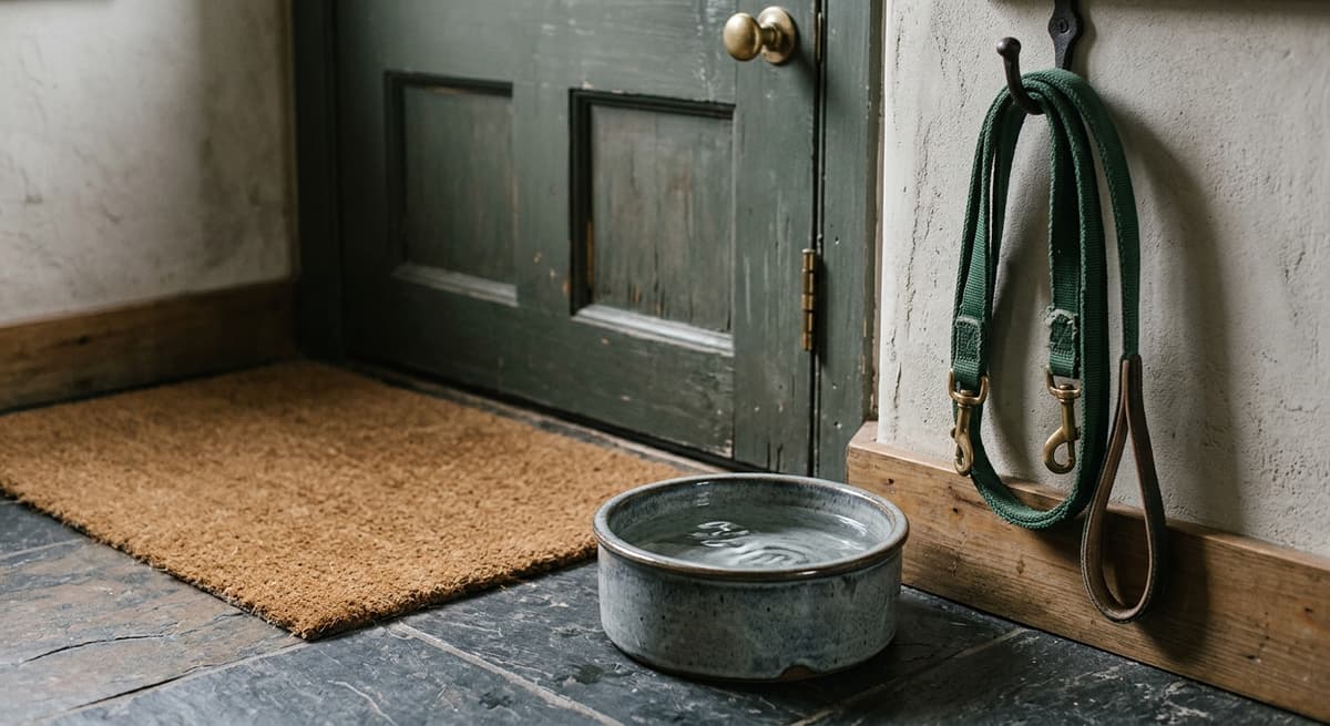 A dog water bowl and a hanging leash by a back door