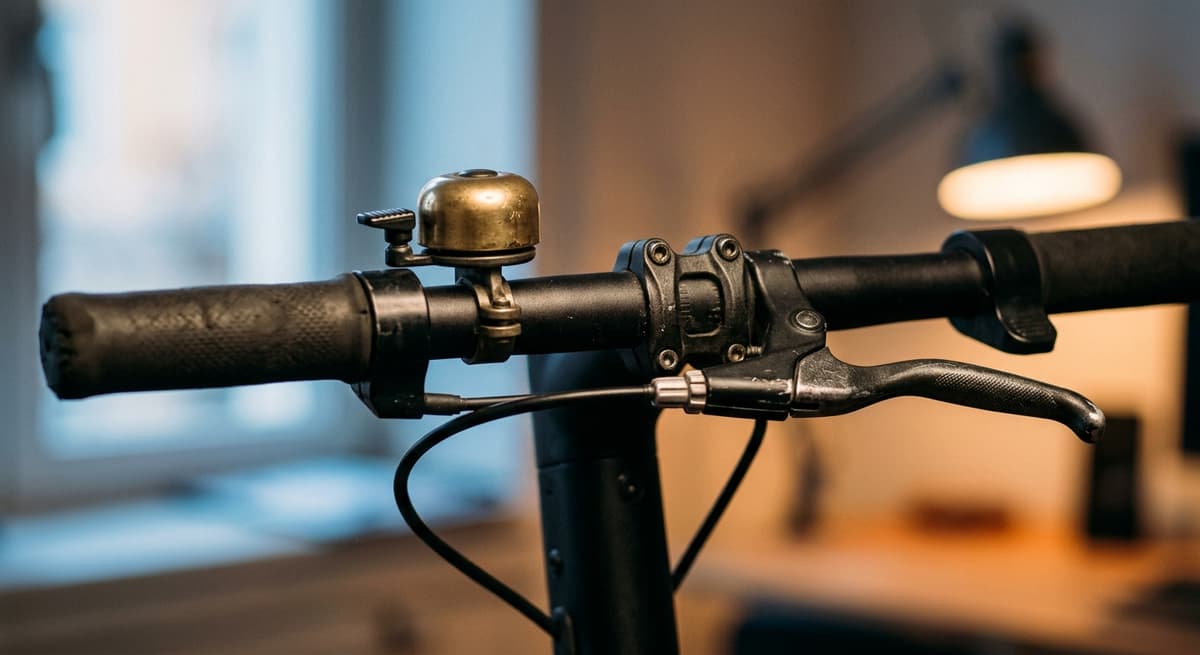a bicycle bell and brake lever detail on an e-scooter handlebar