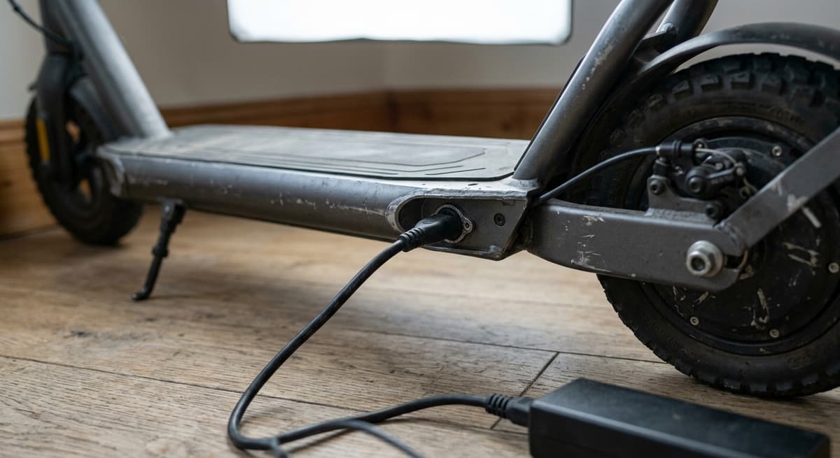 an e-scooter charging cable plugged into the deck port, indoor setting