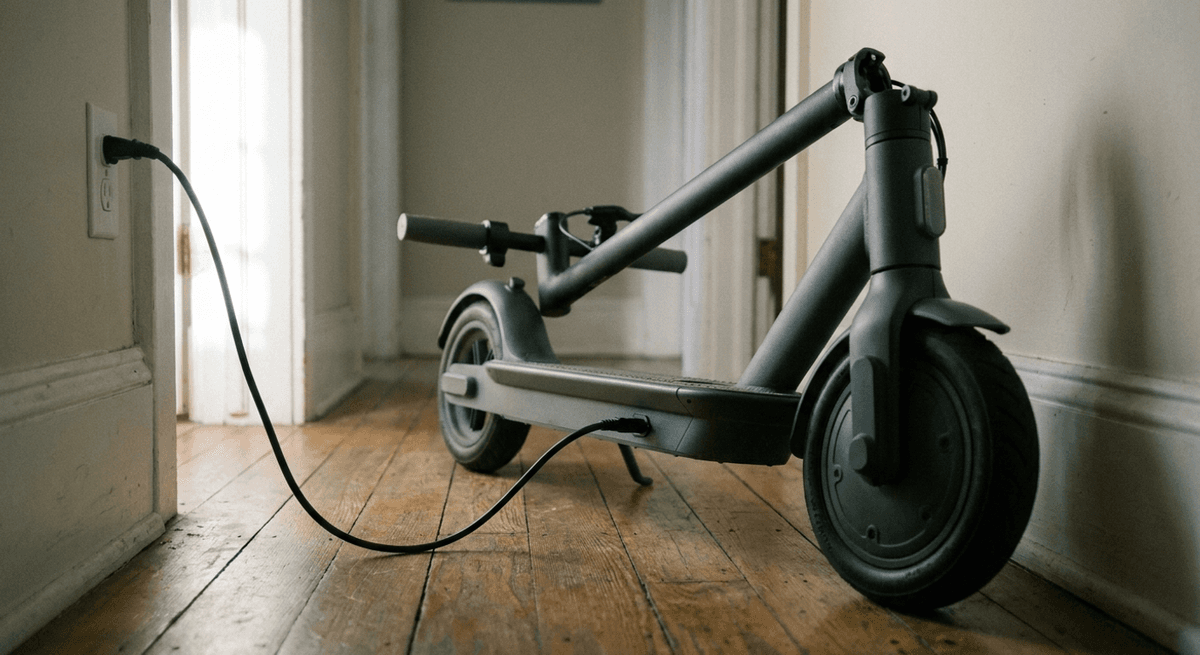 un câble de recharge de trottinette électrique branché dans le port du plateau, en intérieur