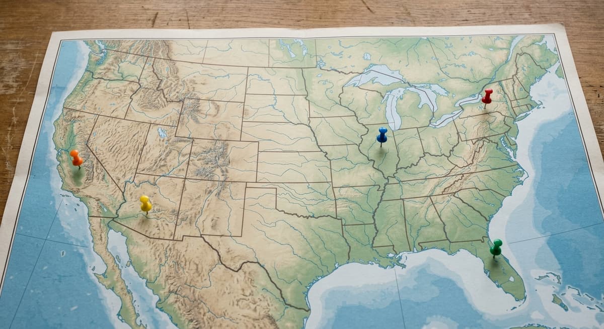 un mapa impreso de los Estados Unidos sobre un escritorio con algunos pequenos alfileres de colores
