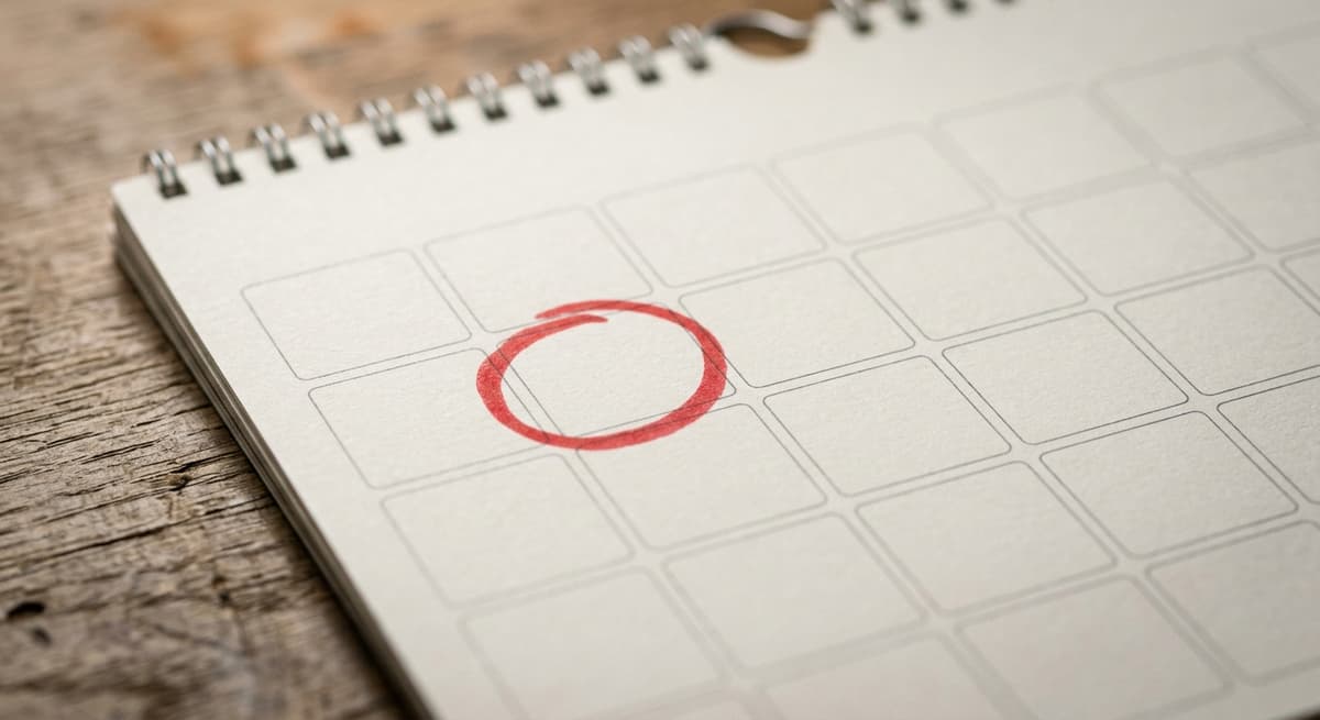 una pagina de calendario de pared con una fecha marcada en circulo con marcador rojo sobre un escritorio