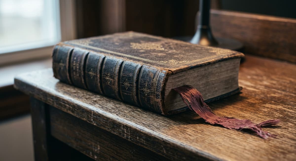 un libro de leyes cerrado con un marcador de cinta descolorido apoyado sobre una banca
