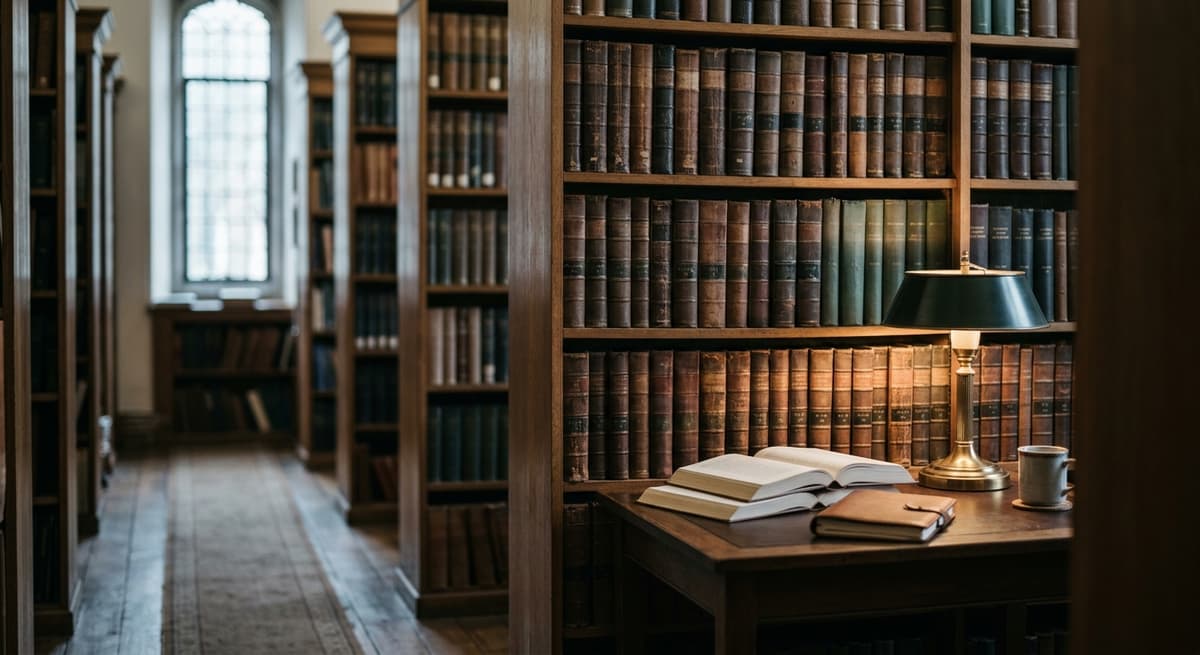 un pasillo tranquilo de biblioteca juridica con estantes altos llenos de volumenes legales encuadernados