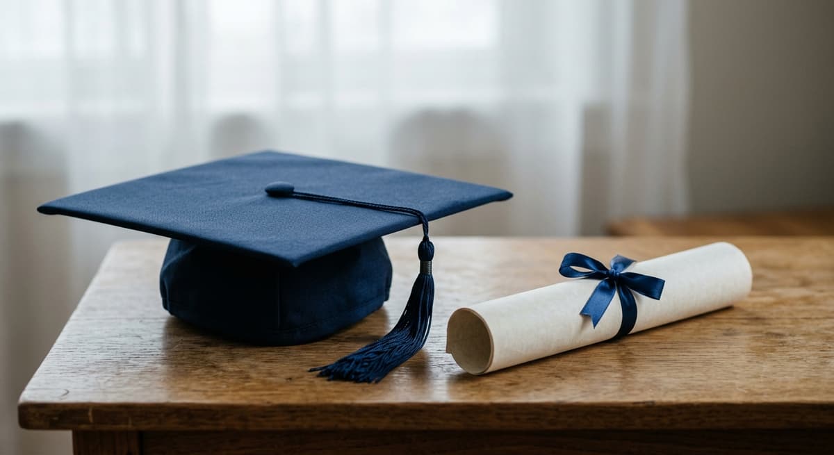 un birrete de graduacion sobre una mesa sencilla junto a un papel enrollado atado con una cinta