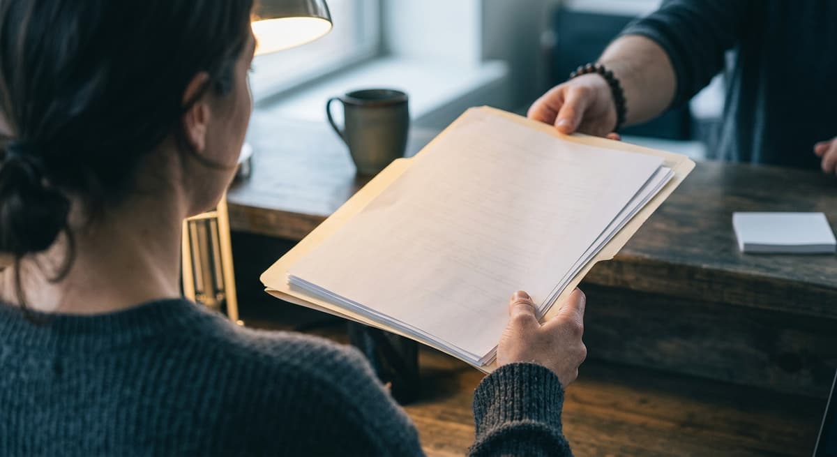 una persona entregando una carpeta de documentos sobre un mostrador, vista por detras
