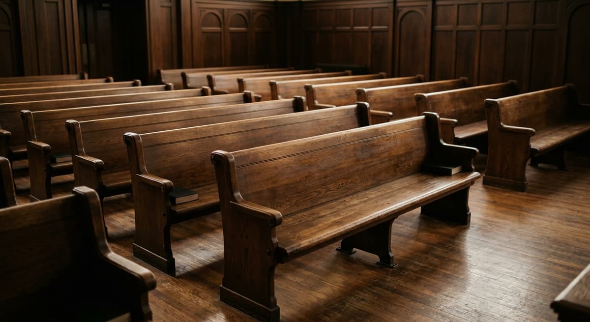 una galeria de sala de tribunal vacia con filas de bancos de madera y luz calida