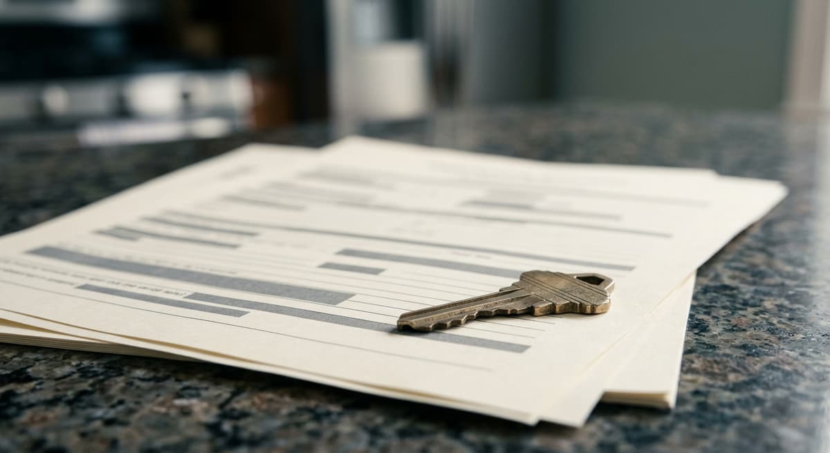 una llave de casa sobre un formulario de contrato de arrendamiento impreso en un mostrador