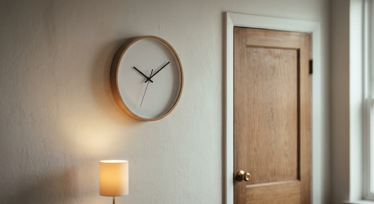un reloj de pared sencillo en una pared lisa junto a una puerta cerrada
