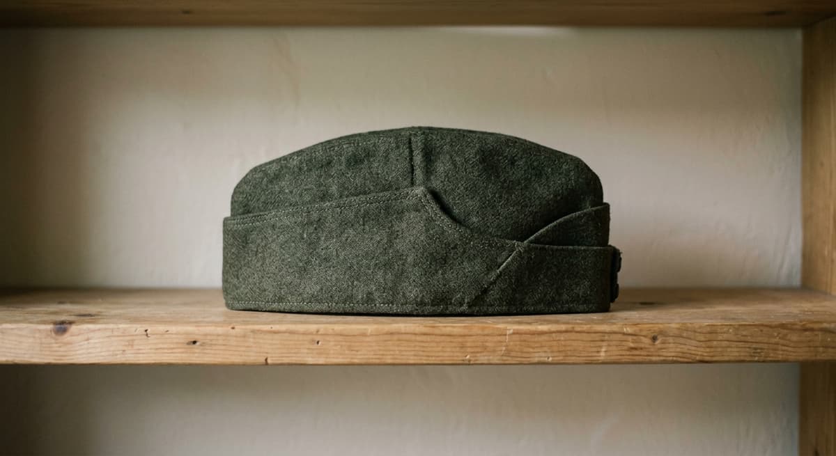 una gorra de uniforme militar doblada sobre un estante sencillo