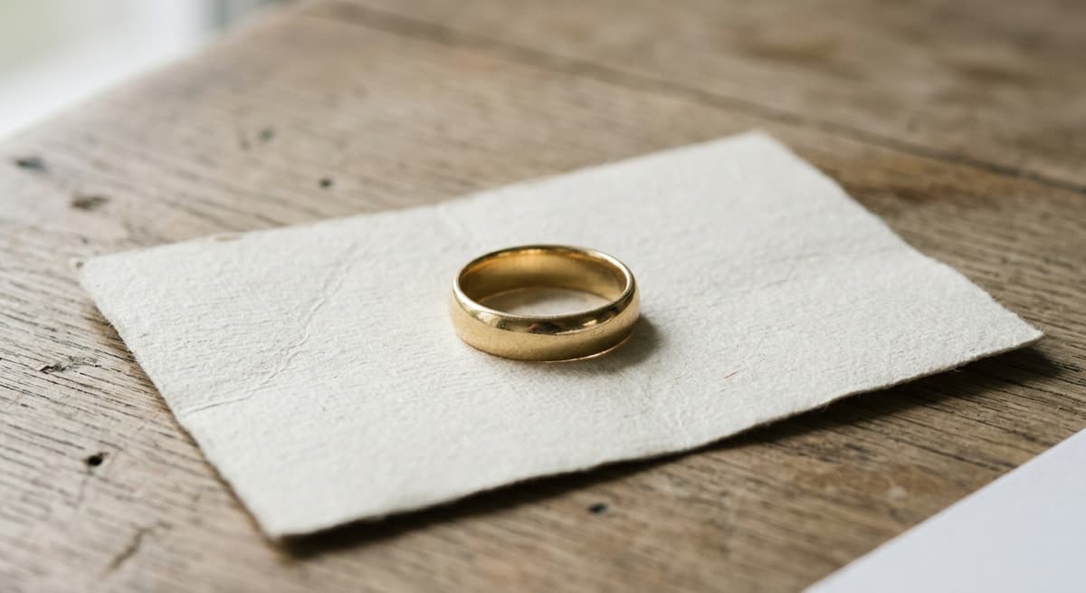 un anillo de boda dorado sencillo apoyado sobre un pequeño documento en una mesa