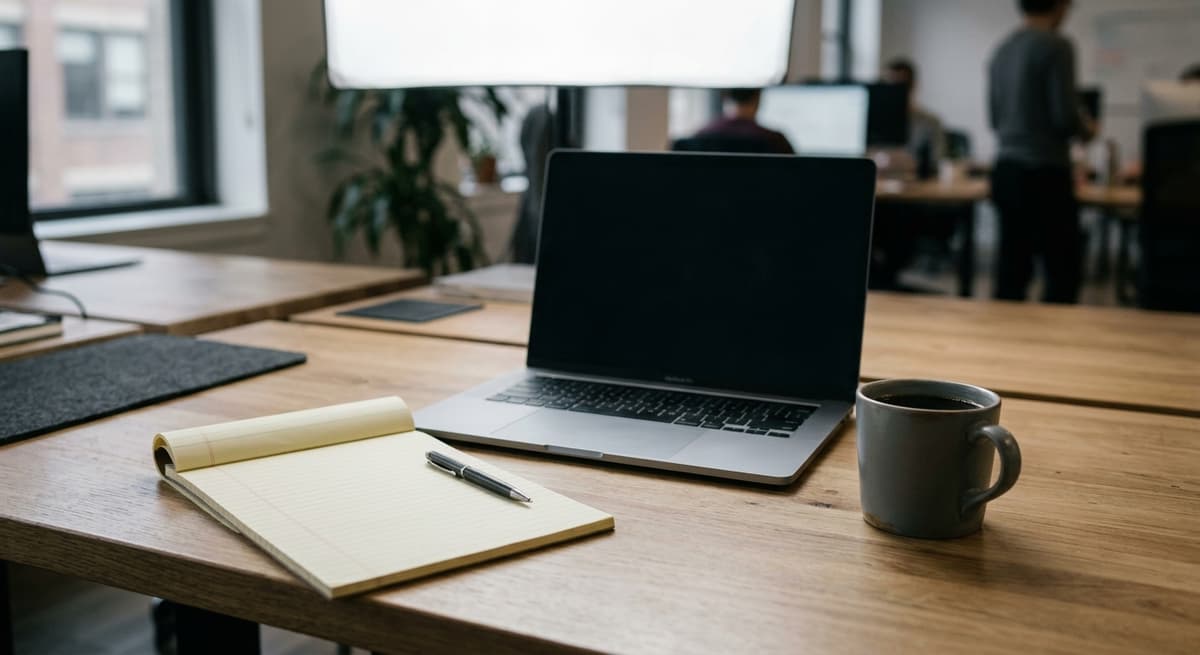 clean desk with a laptop, legal pad, and coffee mug in a modern office