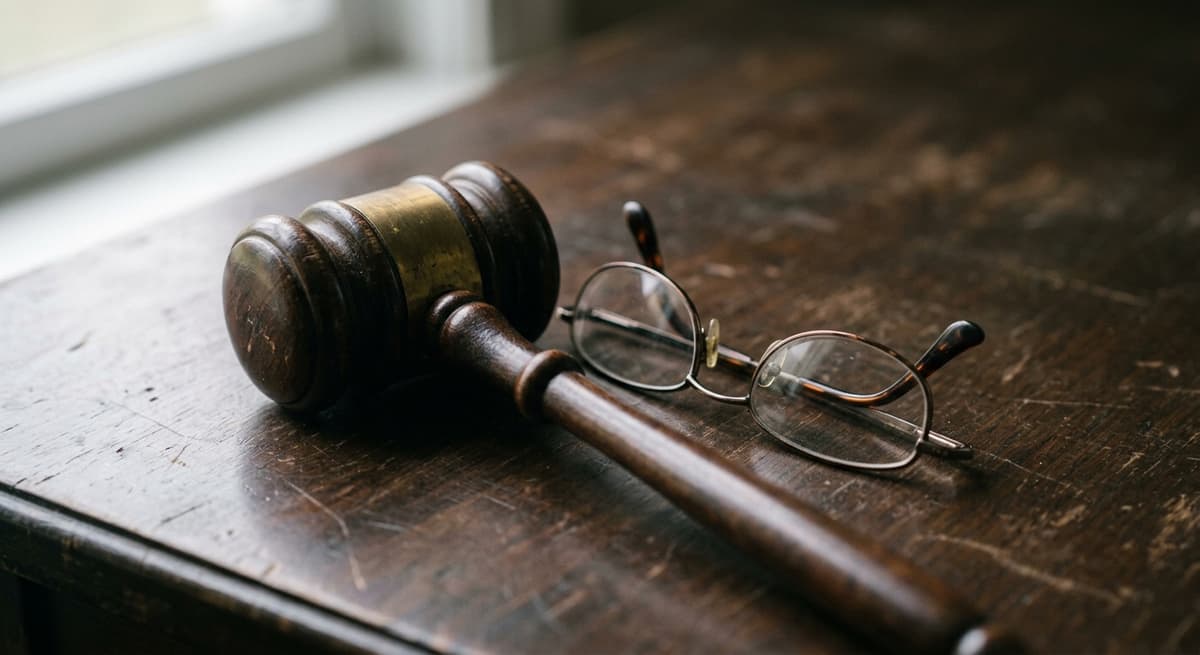 gavel resting next to reading glasses on a dark surface