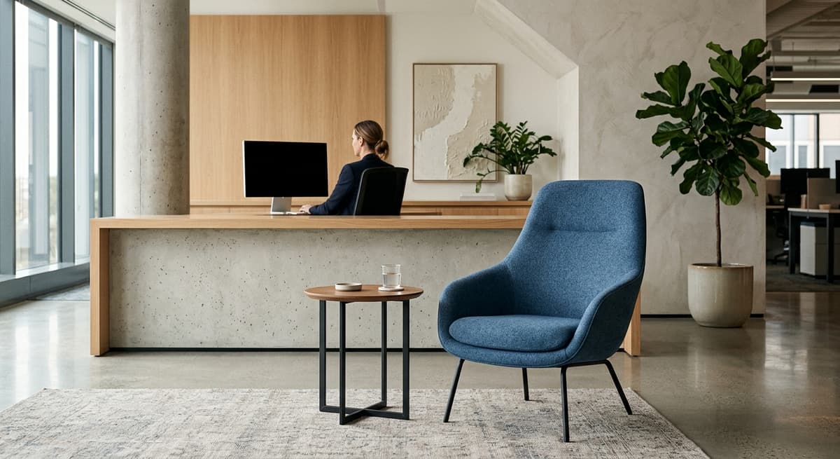 modern office reception area with a single chair and small table