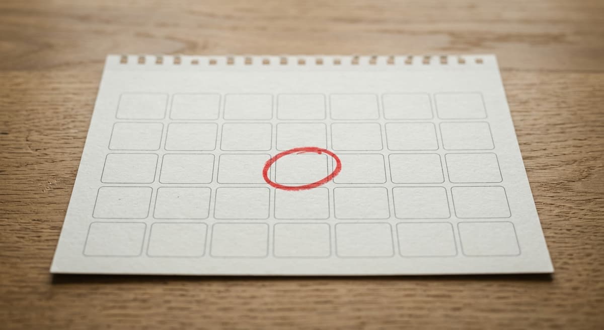 un calendario de pared con una sola fecha marcada con un circulo rojo