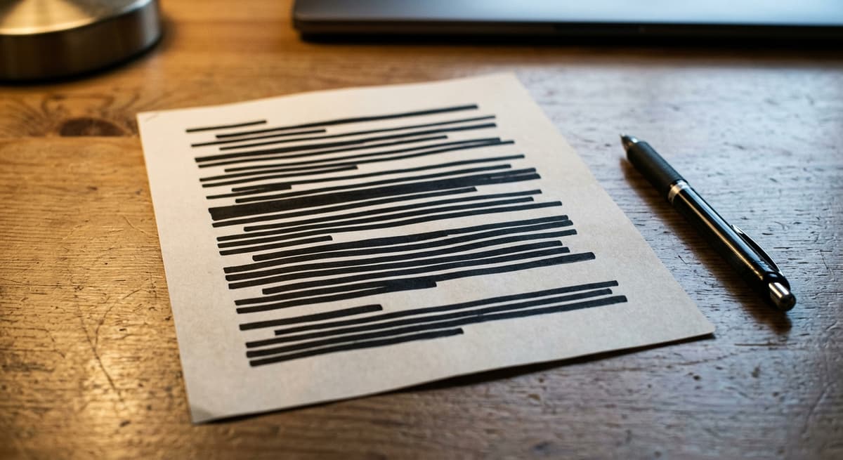 un documento con varias líneas tachadas en negro junto a un bolígrafo