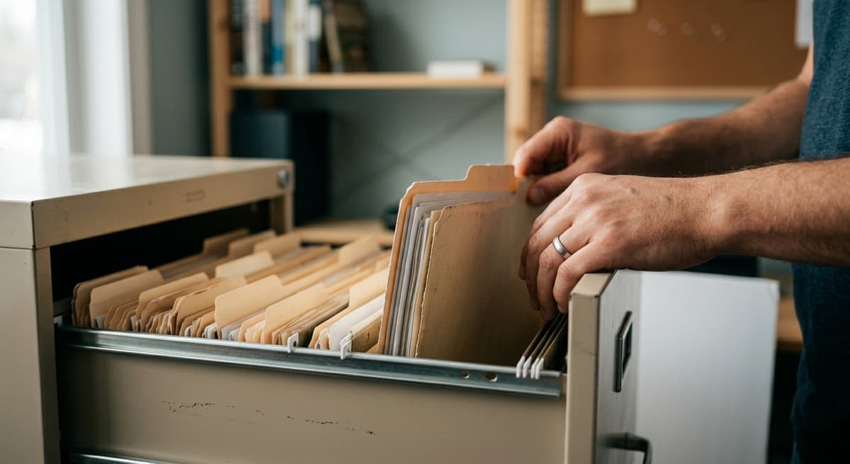 una carpeta de manila siendo archivada en un cajon de archivero de registros