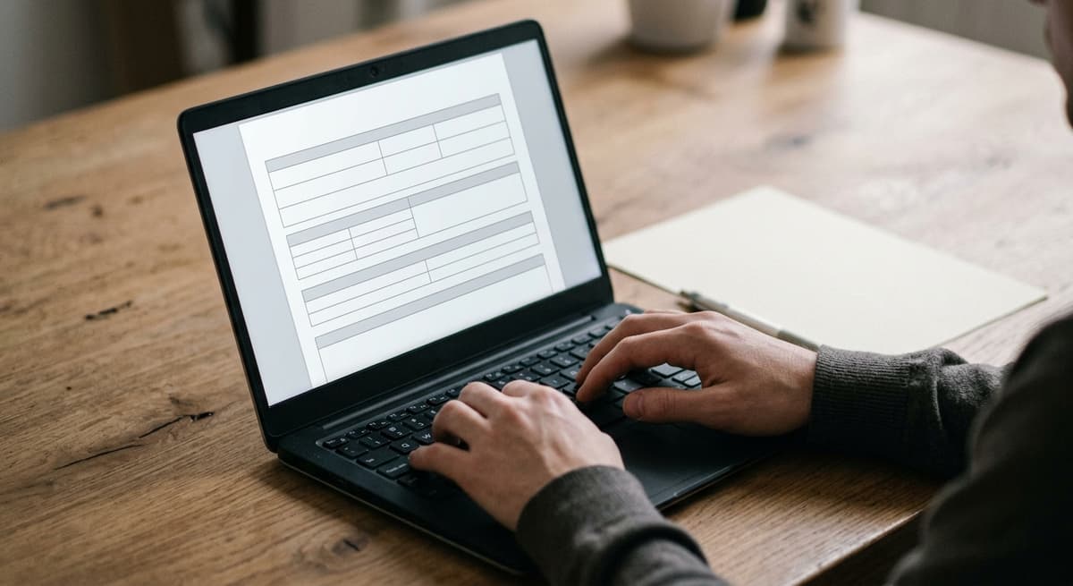 manos escribiendo en una laptop que muestra un formulario de solicitud en blanco