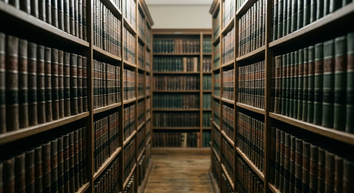un pasillo de estanterías de biblioteca jurídica llenas de tomos legales