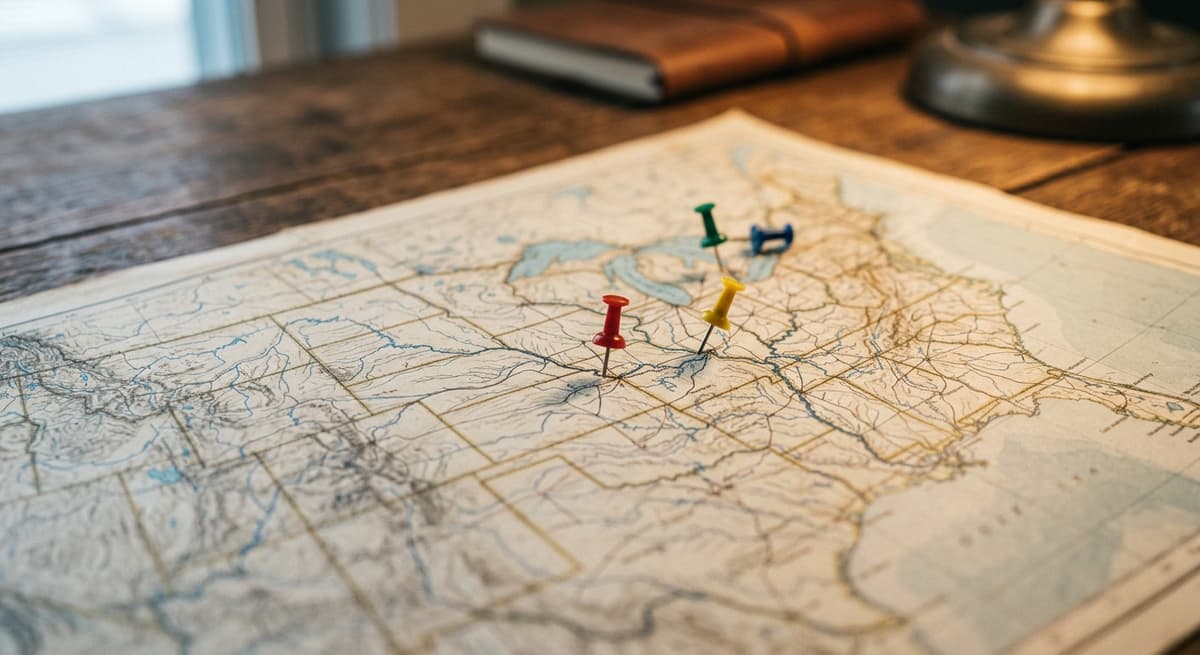 un mapa impreso de los Estados Unidos con pequenos alfileres de colores