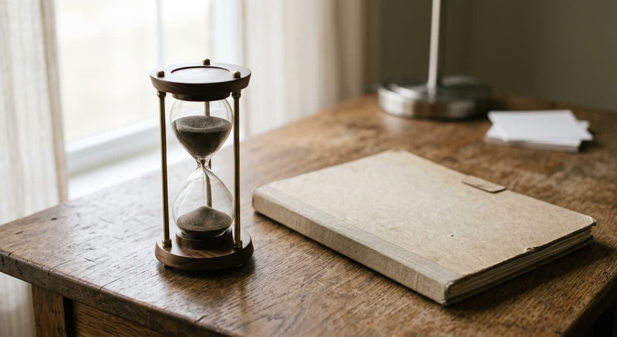 un reloj de arena junto a una carpeta cerrada sobre un escritorio