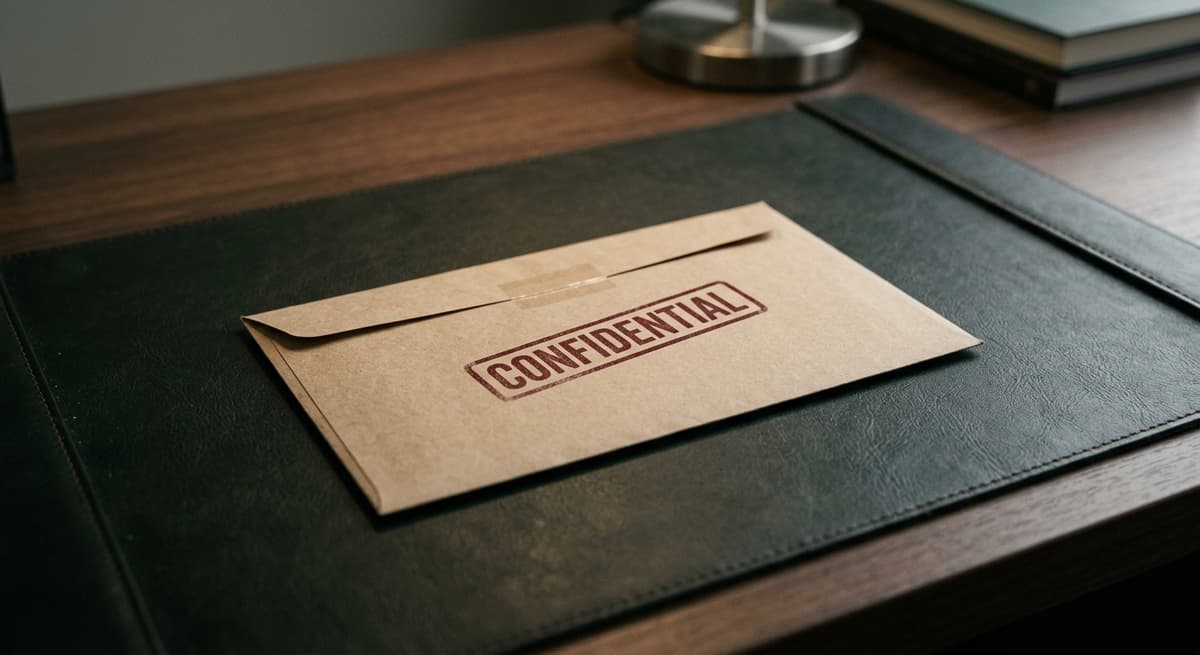 un sobre con el sello confidencial apoyado sobre un escritorio