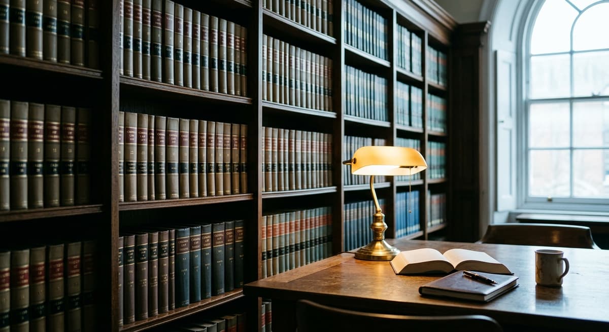 library reading room with rows of law books and a wooden desk
