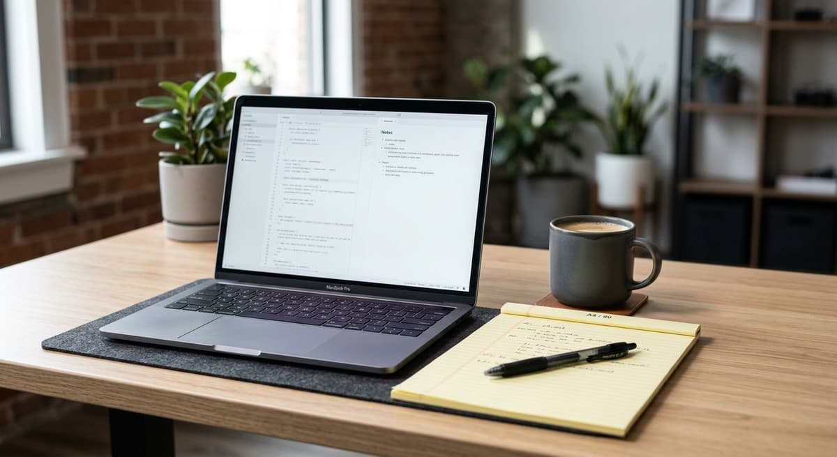 clean desk with a laptop, legal pad, and coffee mug in a modern office