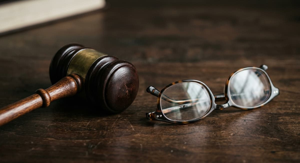 gavel resting next to reading glasses on a dark surface