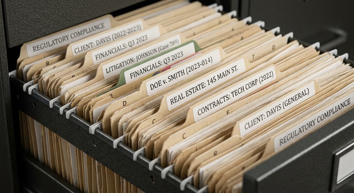 filing cabinet with organized legal folders