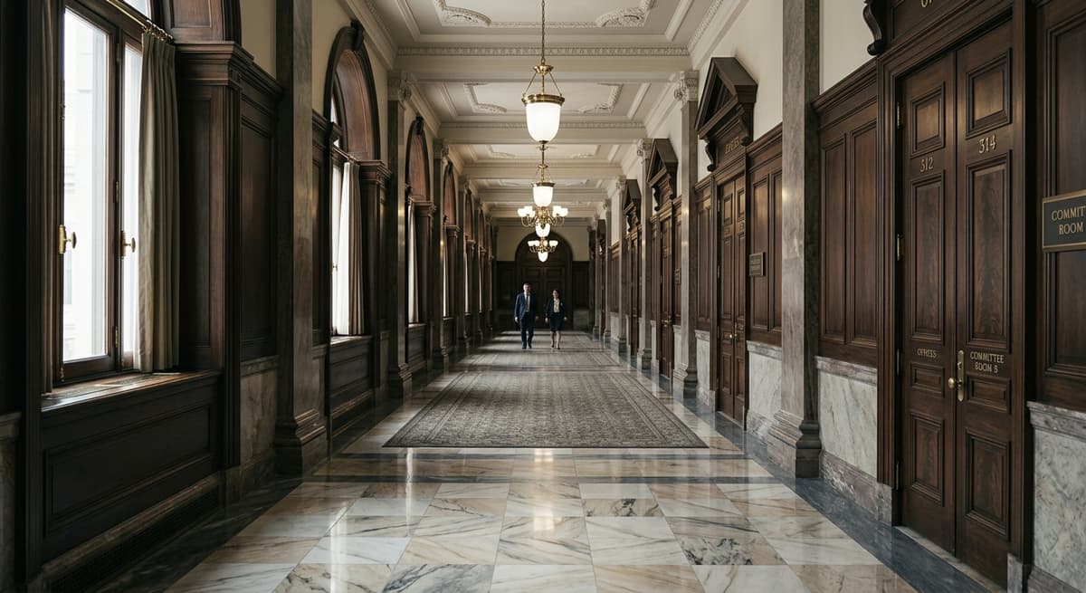 official government building hallway with marble floors