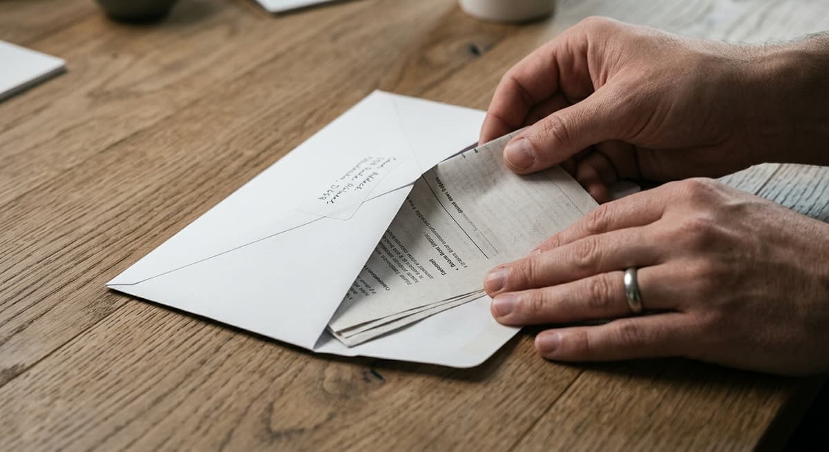 hands placing a document into a white envelope