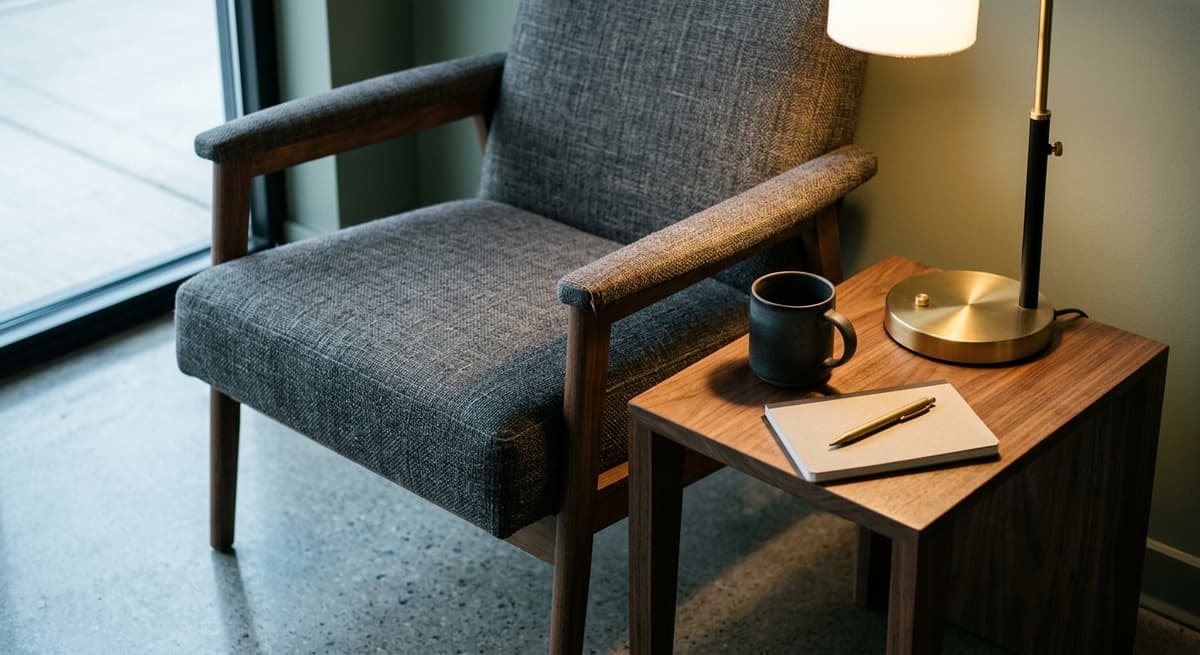 modern office reception area with a single chair and small table
