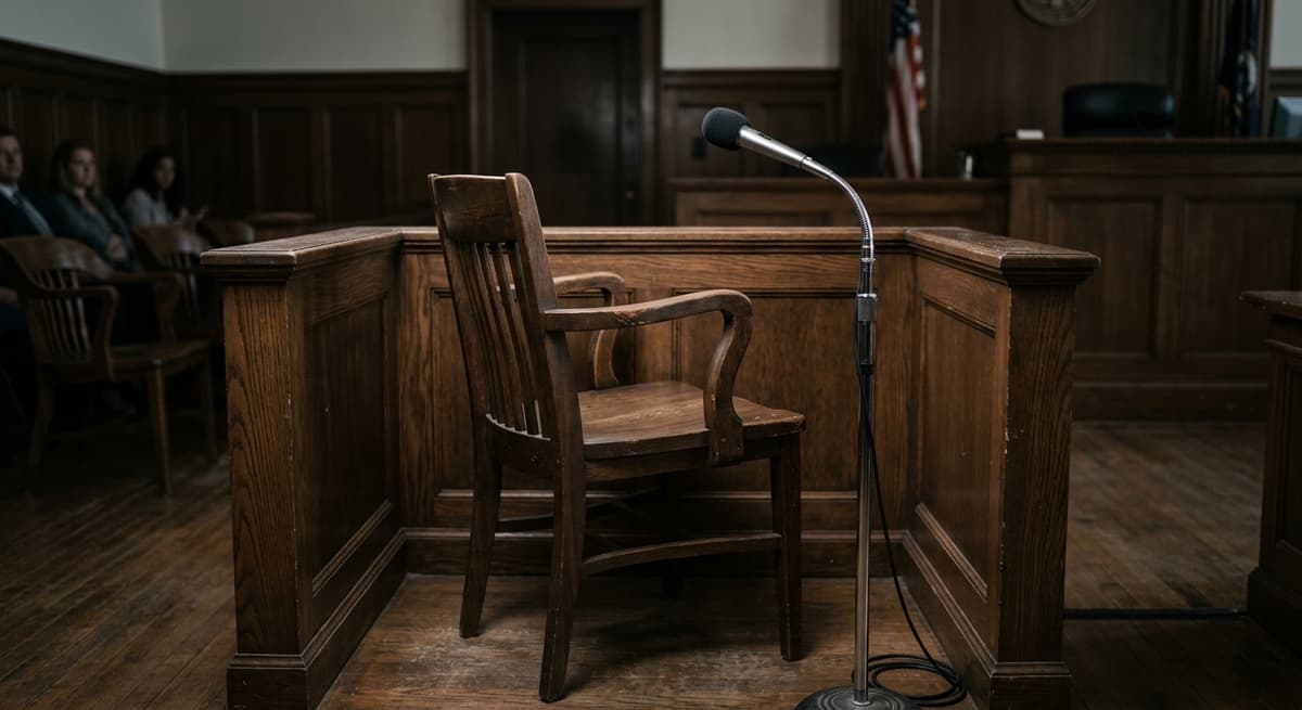 witness chair in a courtroom with a microphone