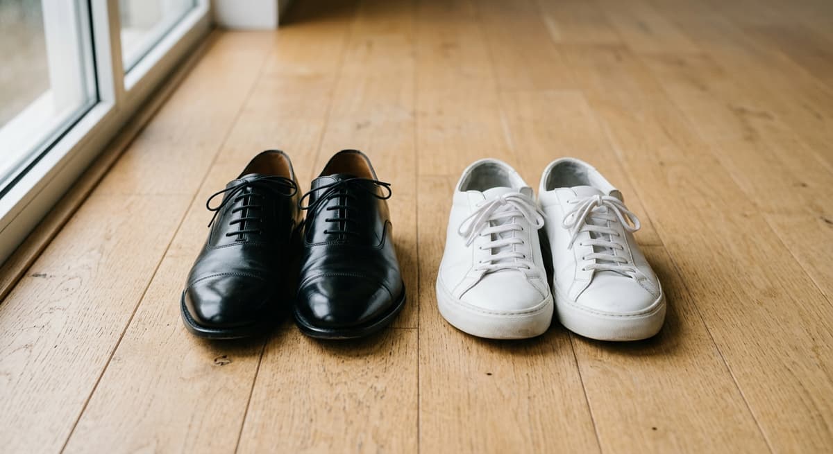 polished black closed-toe dress shoes beside casual white sneakers on a plain wooden floor