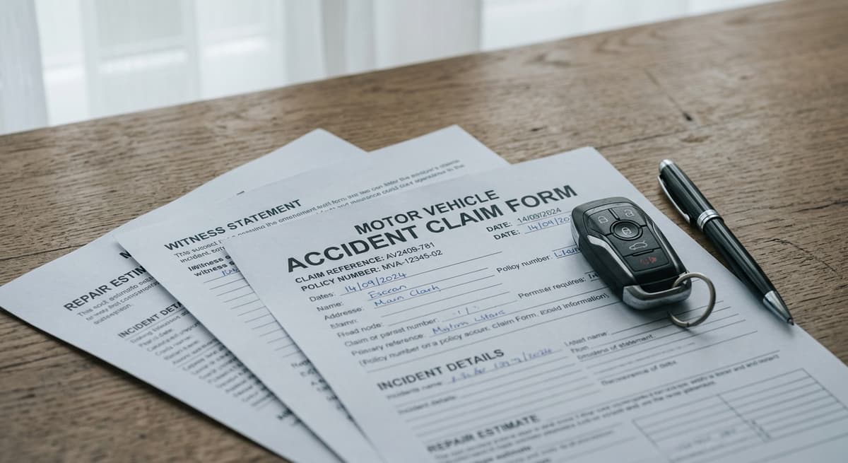 North Carolina insurance claim documents fanned out on a desk with car keys and a pen